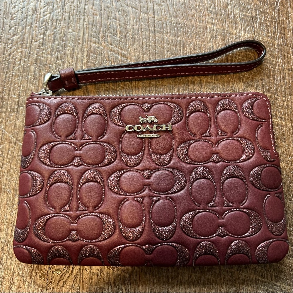 Coach Glitter Wallet Small Signature Zip Around Wine Red Leather